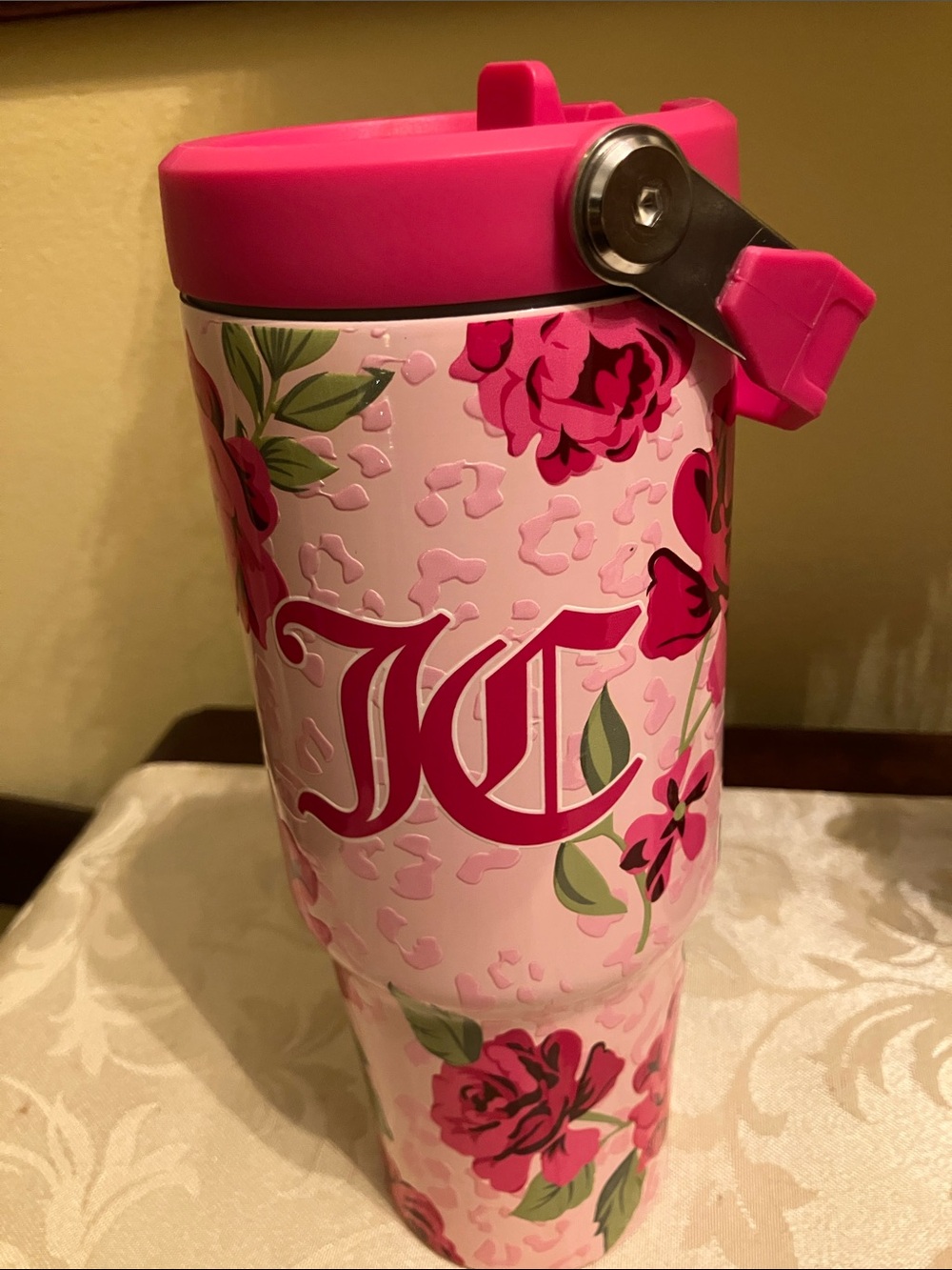 🩷Juicy Couture pink leopard & roses 30 oz stainless steel tumbler cup NWT